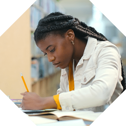 Writing, studying and notebook with woman in library for college research, education and project thesis. University student, knowledge and notes with person for scholarship, school and learning