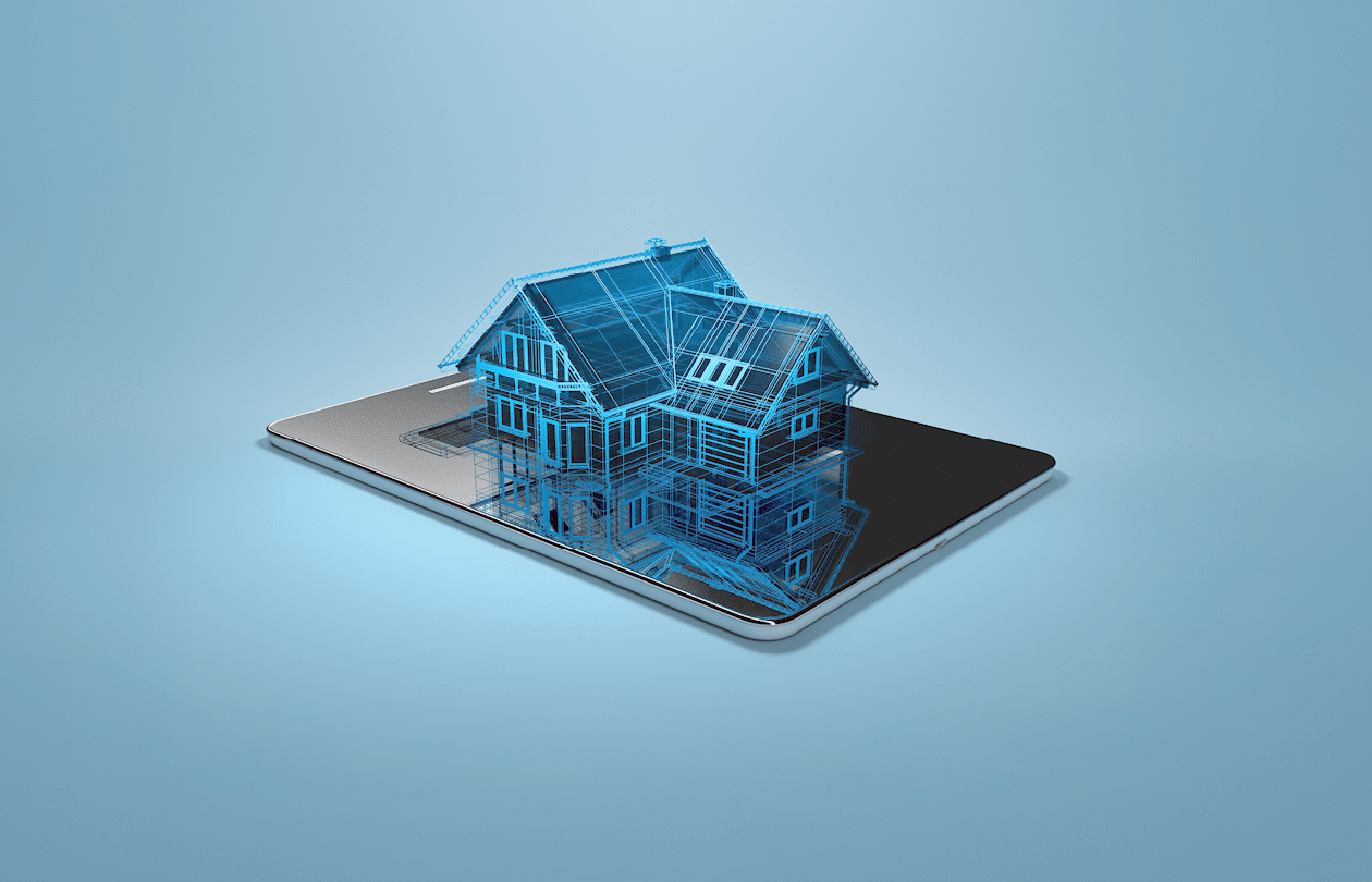 3d Hologram of a luxury home over blueprints
