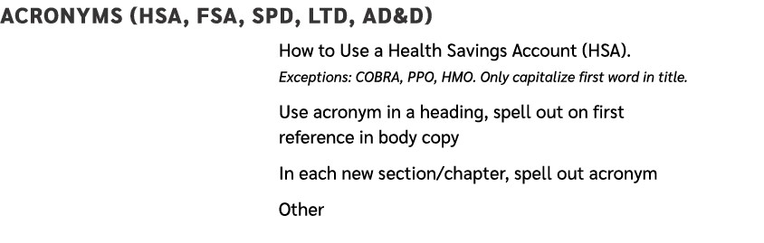 Acronyms (HSA, FSA, SPD, LTD, AD&D) How to Use a Health Savings Account (HSA). Exceptions: COBRA, PPO, HMO. Only capi...